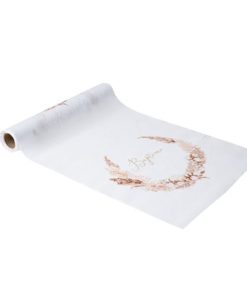CHEMIN DE TABLE BAPTEME BLANC PAMPAS, FLEURS DE COTON ET OR 28CM X 5M