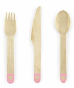 Couverts en bois – Rose/Coeur – Lot de 18
