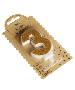 BOUGIE CHIFFRE “3” PAILLETTES OR 7.3CM AVEC BOBECHE.
